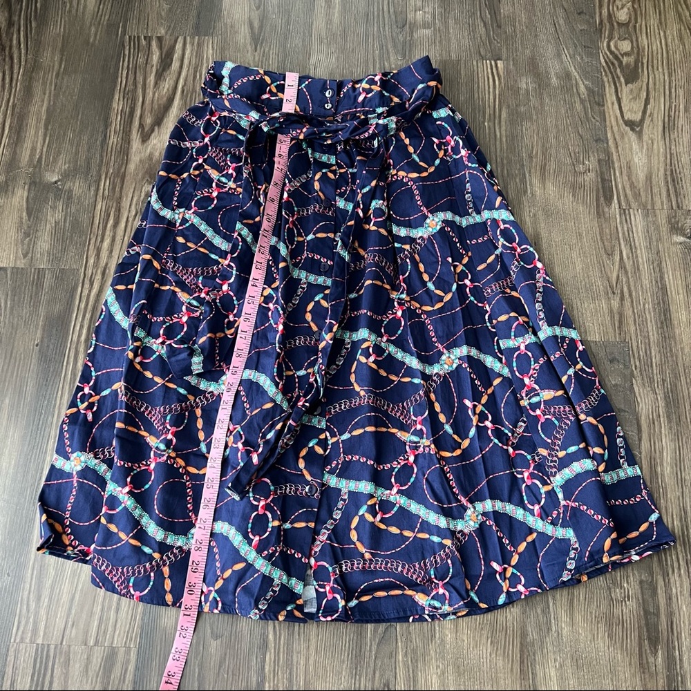 Umgee Blue Geometric Print Button Front Paper Bag Waist Knee Length Skirt - Picture 13 of 13
